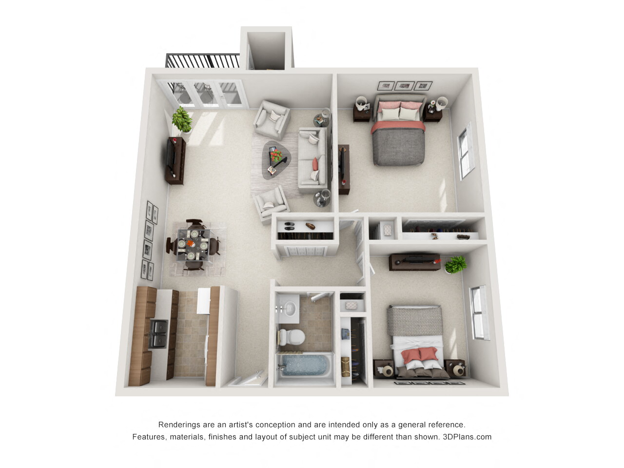 Floor plan for 2 beds, 1 bath, 933 sqft